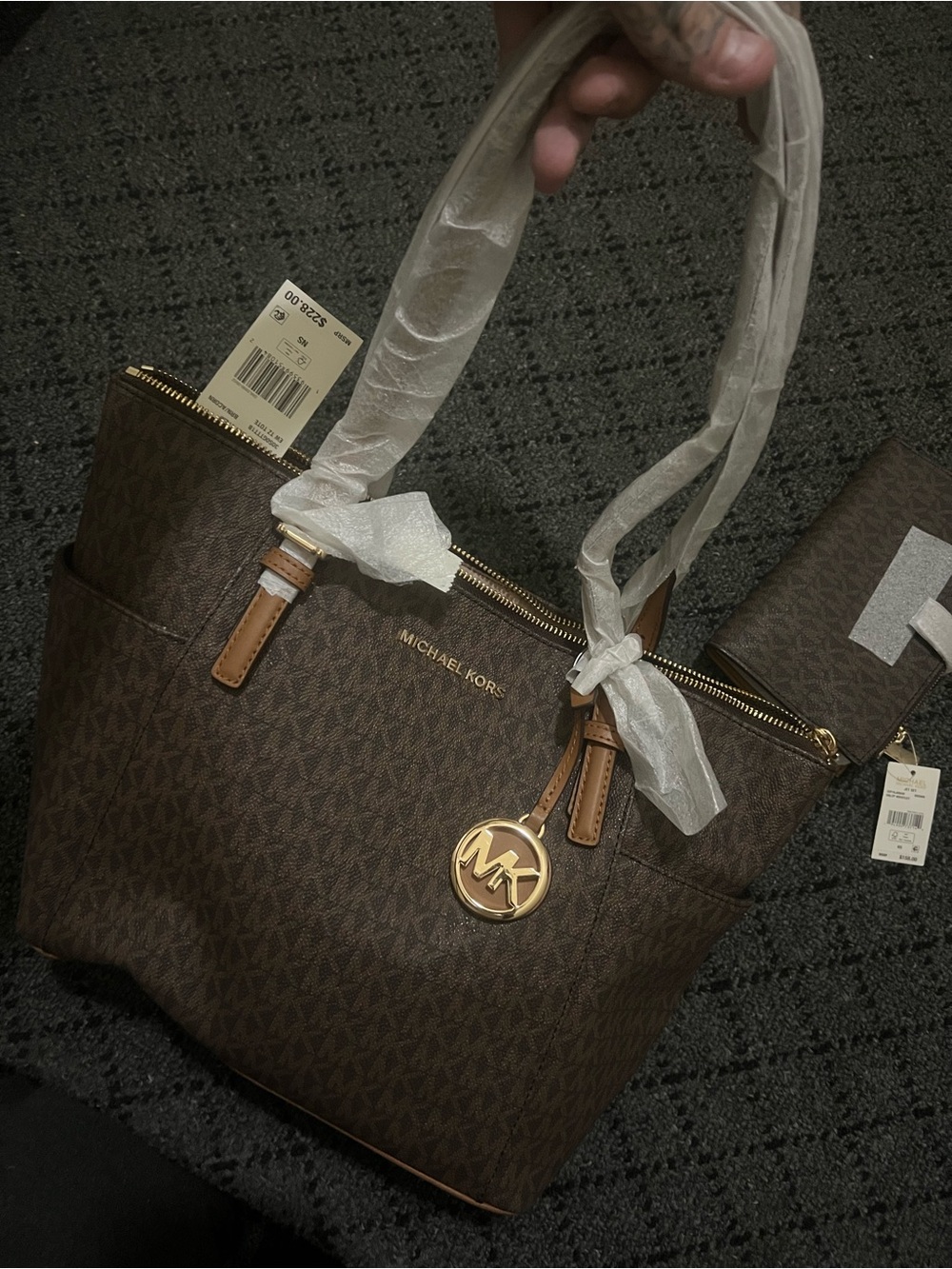 Michael Kors Brown Monogram Tote with Gold MK Charm